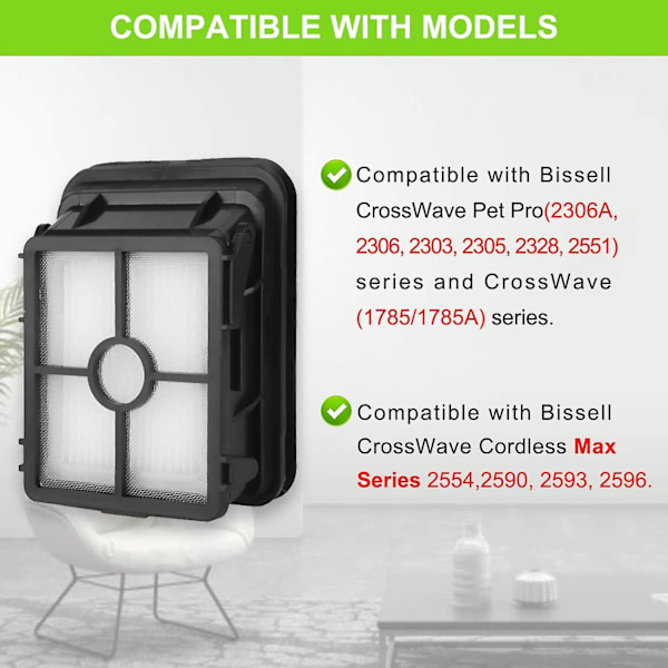 6 kpl 1866 korvaavia tyhjiösuodattimia, yhteensopiva Bissell Crosswave Pet Pro 1785 Wireless Max All-in-one -kuivaimurien kanssa