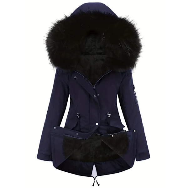 Varm hettejakke med fluffy kant, avslappet langermet vinterjakke med snøring, dameklær Dark blue 4XL