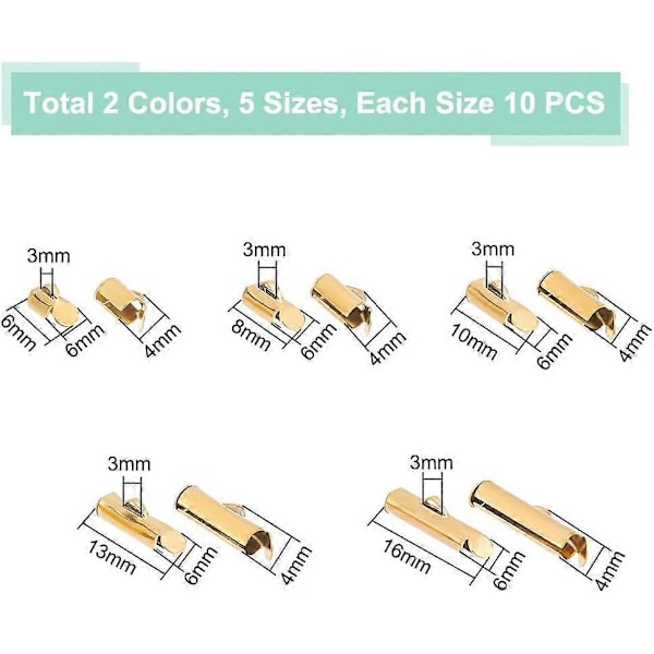 100 stk. 5 Størrelser 2 Farver Rustfrit Stål Slide On End Clasp Tubes Slider End Caps Crimp End Tube Slider Clasp til Seed Beads Halskæde Armbånd Smykker