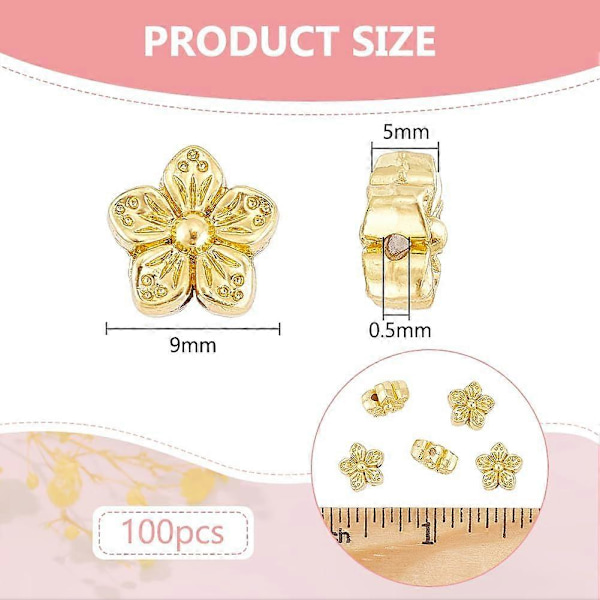 100 st Real 18K Förgylld Legering Blomma Pärlor 3D Blomma Metall Distans Pärlor för DIY Smycken Tillverkning Fynd och Andra Hantverk 9x5mm