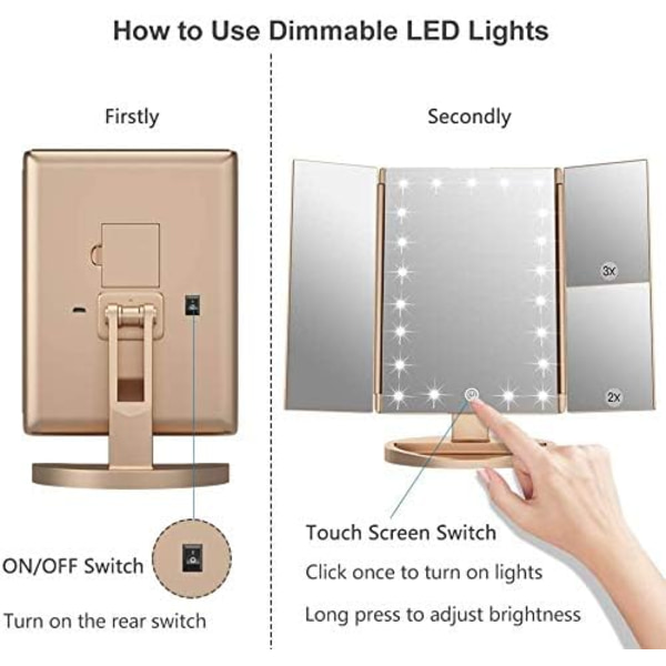 Belyst makeup spejl med 2X/3X forstørrelsesglas, 21 LED-lys, dobbelt strømforsyning, justerbar lysstyrke og vinkel