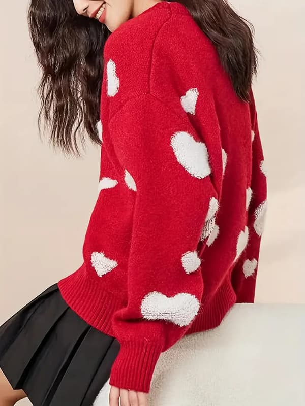 Sweater med hjertemønster, afslappet langærmet sweater til efterår og vinter, dametøj L