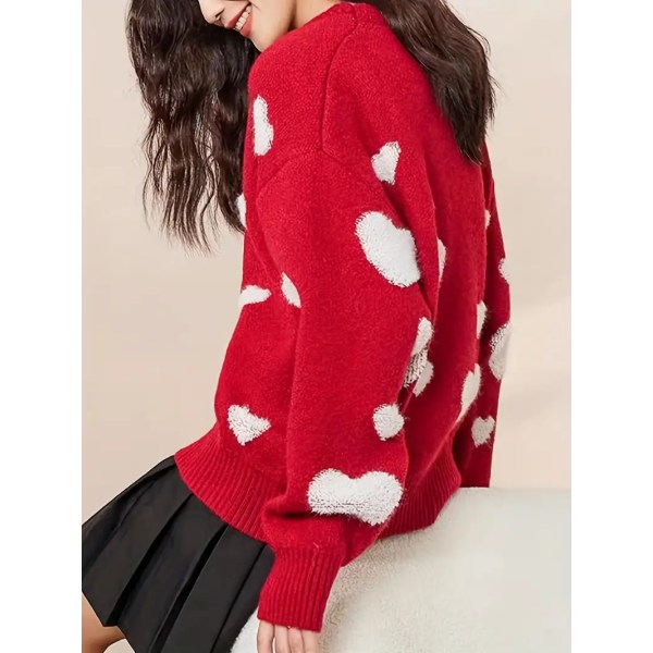 Sweater med hjertemønster, afslappet langærmet sweater til efterår og vinter, dametøj XL