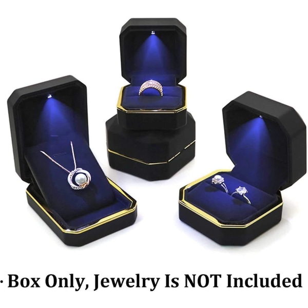Lyxig ringlåda, fyrkantig case Smycken Presentask med LED-ljus för förslag Förlovningsbröllop, svart