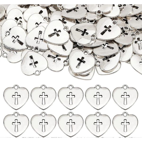 120 stk. Hjerte Kors Vedhæng Tibetansk Stil Legering Vedhæng Hjerte med Kors Charms Bulk til Bryllup Valentinsdag Smykkefremstilling Antik Sølv 0,6x0.