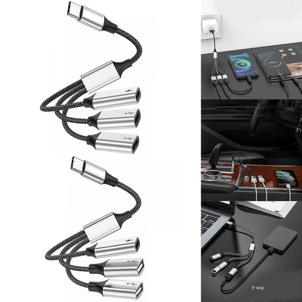 Type C - 3x Type C / 2x Type C+USB2.0/ 1x Type C+2xUSB2.0 OTG -sovitinkaapeli, 60 W:n virransyöttö, nopea tiedonsiirto 1 Type C 2 USB