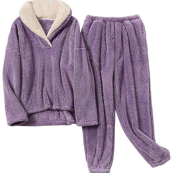 Fleece Pyjamassæt til Kvinder, Blødt Nattøj Varm Sherpa Pullover Bukser Purple M