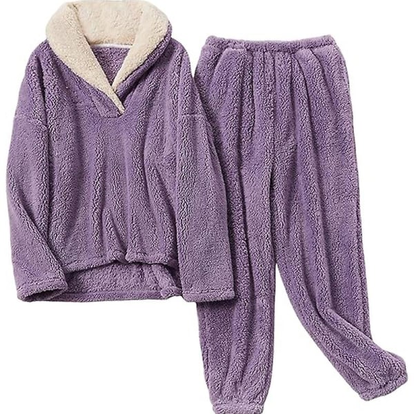 Naisten fleecepyjamat, pehmeät yöasut lämmin sherpa-villapaita ja housut Purple L