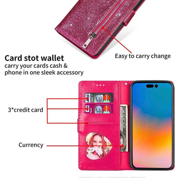 För iPhone 17 Air Stativfodral Glitter Telefon Läderfodral Dragkedjeficka - Ros Rose Multicolor
