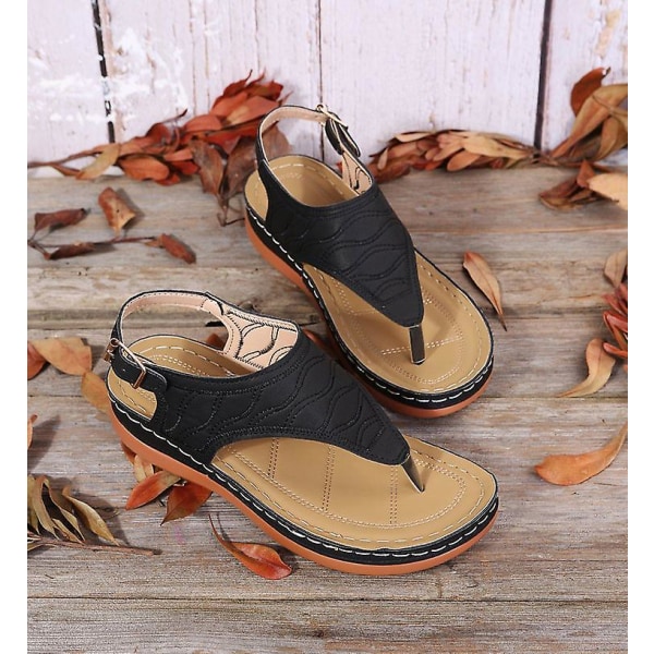 Naisten Yksiväriset Kirjailtu Flip Flop Sandaalit Rantakengät 086 Black EU 40