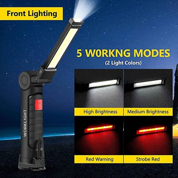 Genopladelig Arbejdslampe, Led Lommelygte Bærbare Inspektionslamper 360 Graders Roterende Lommelygte Med Magnetisk Base Og Krog 5 Tilstande Campinglys (2 Pak, Sort)