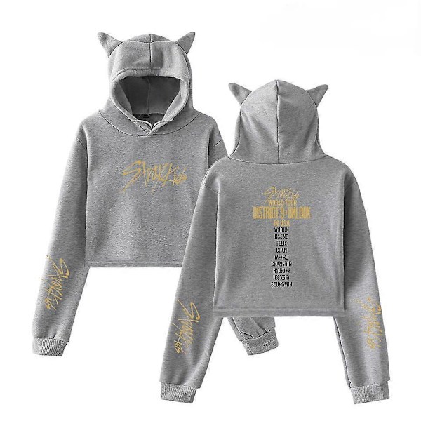 Kpop Stray Kids Hoodie Kattöron Tröjor för Dam Felix Hyunjin Bangchan Hoodie Sweatshirt-15103 grey-15103 L