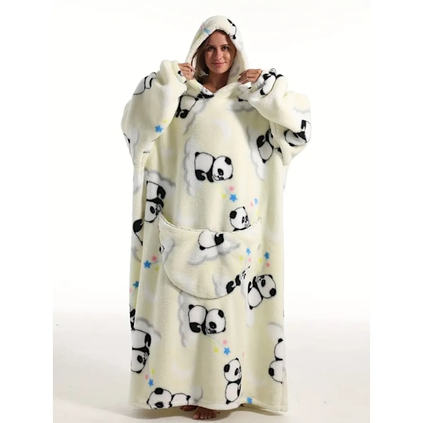 Plus Size Oversized Fleece Hætte Wearable TV-tæppe, Dame Plus Sød Panda Mønster Fluffy Hyggelig Flanel Loungewear Morgenkåbe Med Lommer