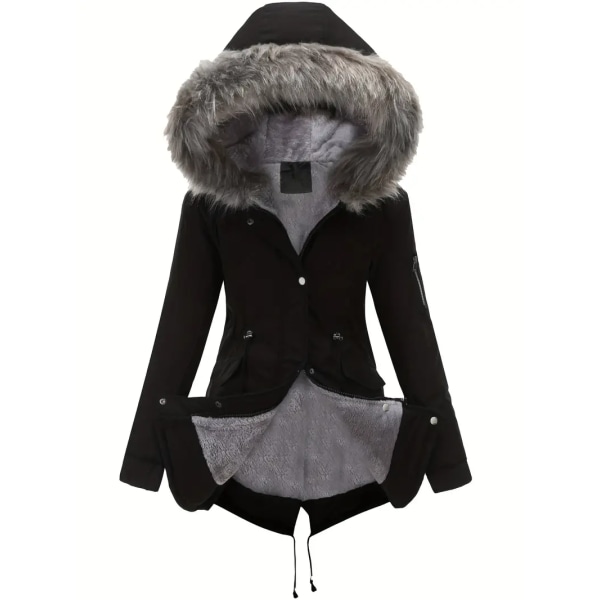 Fluffy Trim Varm Hættefrakke, Casual Snøre Langærmet Vinterovertøj, Dametøj black 2XL