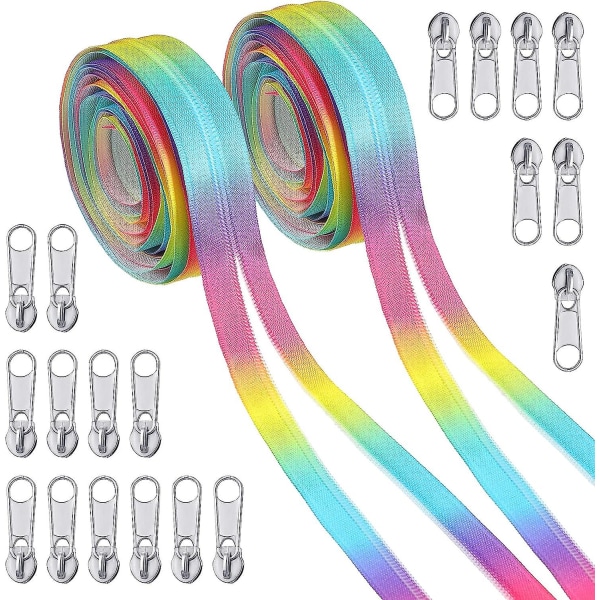 2 rullar Nummer 5 10 Yards Nylon och 20 stycken Silverdragkedja Dra Rainbow Color Coil Zipper By The Yard Långa dragkedjor Metal Dragkedja Sliders