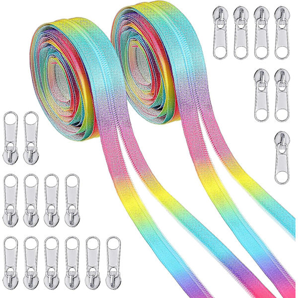 2 rullar nummer 5 10 yards nylon spiralblixtlås och 20 stycken silver blixtlås dragkedjor regnbågsfärgade spiralblixtlås per meter långa blixtlås metall blixtlåsreglage