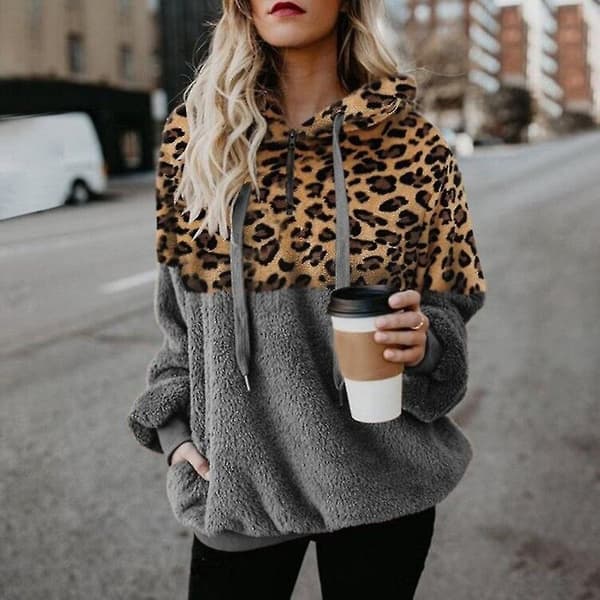 Hættetrøje til kvinder Leopard Print Blød Sweatshirt med Lommer Snørehætte M Gray