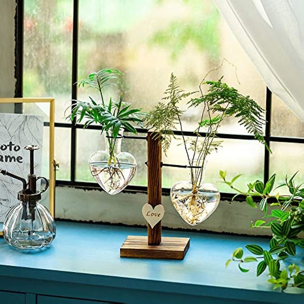 Glasväxtterarium med trästativ  Kreativa dubbla hjärtformade glas hydroponiska vaser 2Heart Vase