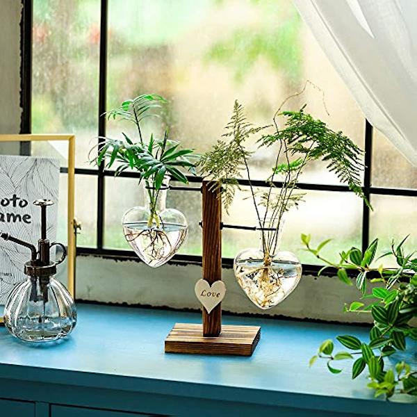 Lasinen kasviterrario puisella jalustalla, luovat kaksoissydänlasiset hydroponiset maljakot 1Heart Vase