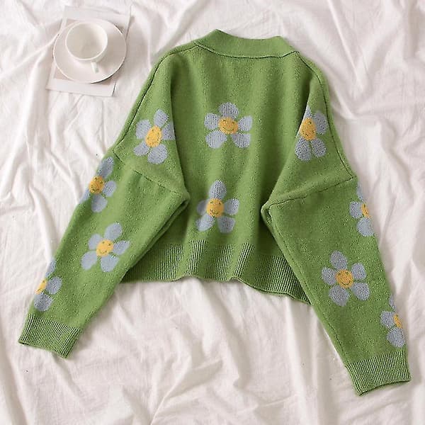 Dam Floral V-ringad Cardigan Tröja Stickning Långärmad För Höst Light Blue