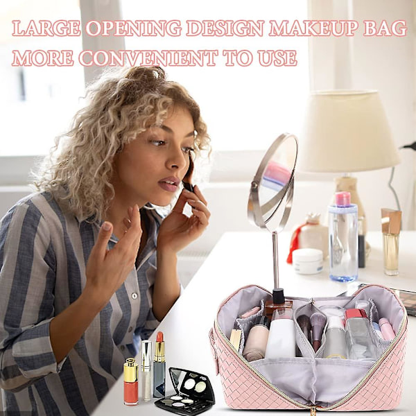 Kosmetikkveske med stor kapasitet, PU-vevd kosmetikkoppbevaringsveske Pink