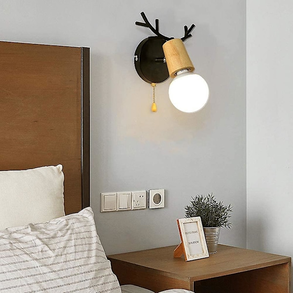Nordisk Moderne Design Hjortegevir Formet Vegglampe i Tre med Trekksnorbryter E27, svart, uten Pære