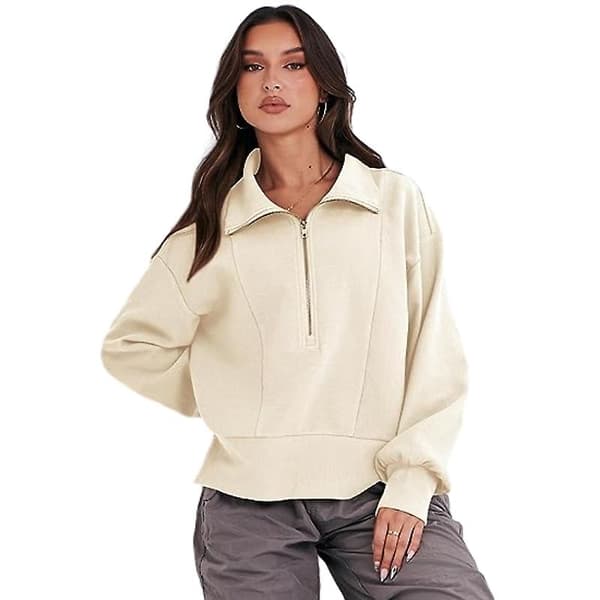 Dam Casual Halv Zip Sweatshirts Långärmad Cropped Pullover Cream L