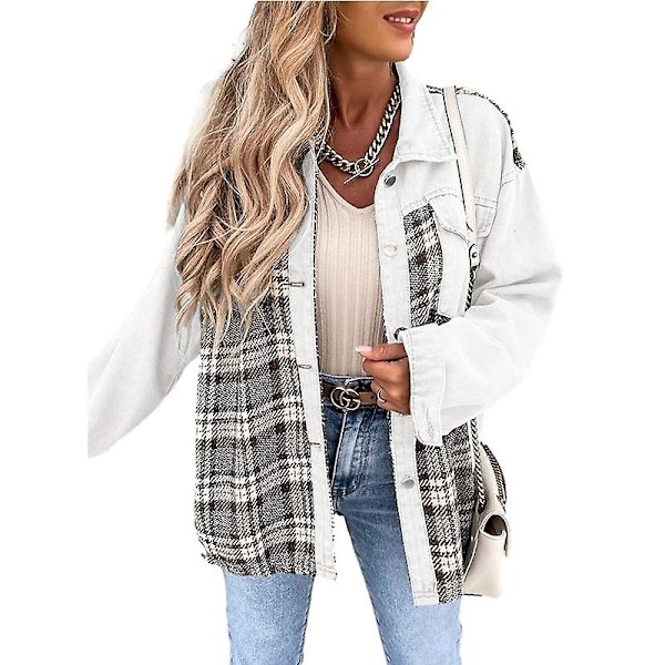 Naisten napilliset denimtakit, pitkähihaiset vapaa-ajan paidat White 2XL