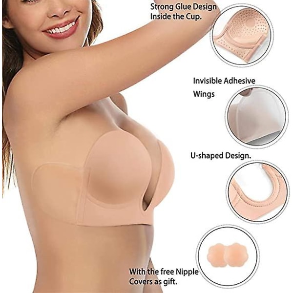 Axelbandslös klibbig push-up bh rygglös självhäftande osynlig Beige C