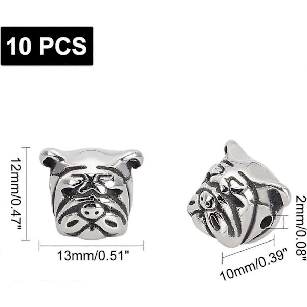 10 st 2 mm hål Rostfritt stål Bulldog Pärlor Berlocker Pug Hund Pitbull Valp Husdjur Huvud Pärla Distans Pärlor Antik Silver Europeisk Charm för Halsband Armband