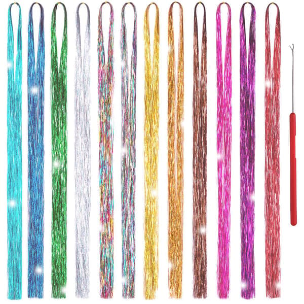 12 farger hårextensions, 90 cm hårextensions, hårextensionssett, skinnende glitterfrisyrer, hårextensions med glitter