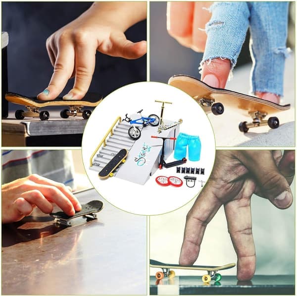 9-delt skatepark-sæt fingerboard, mini finger skateboard og rampe