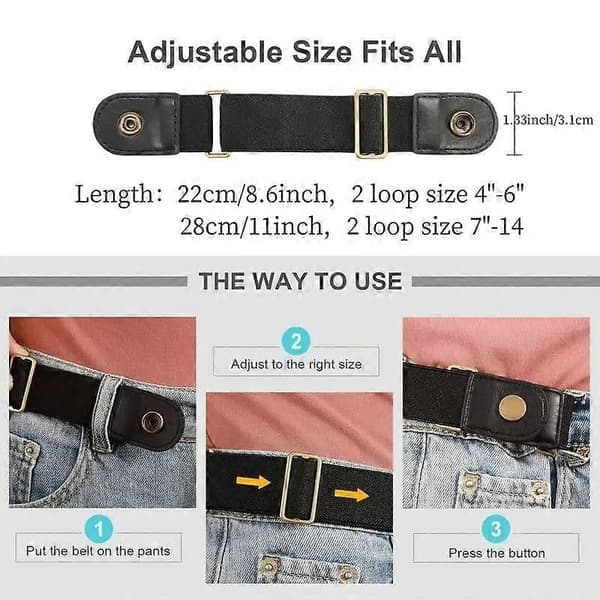 2st/set Elastiskt bälte utan spänne för kvinnor män Unisex Stretchbälte för byxor Jeans Casual Spännefritt Justerbart Osynligt Bälte [BR] black