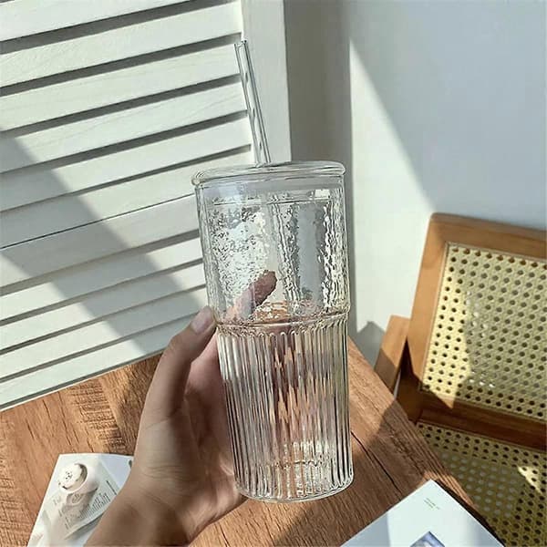 600 ml glaskopp mjölkkaffekopp med lock och sugrör transparent randig vattenkopp mugg dricksglas