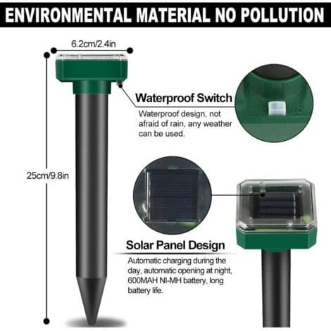 4-pack solcellsdrivna ultraljudsavstötare – Avvisar mullvadar, möss och ormar – Täcker 650 m² – Regntät