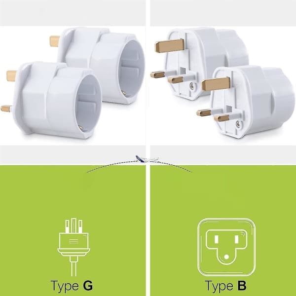 2x Reiseadapter Adapterplugg for England - Reiseplugg Strøm EU til Stikkontakt - Reiseplugg Hvit