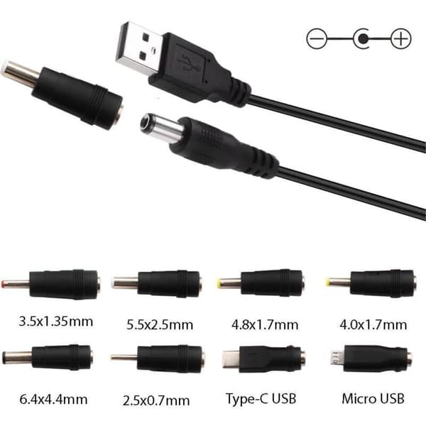 USB til DC 5V-kabel, USB til DC-strømkabel, 8-i-1 DC-strømadapter 5,5 x 2,1 mm DC Barrel Jack til bærbar computer, router osv. (1m, sort)