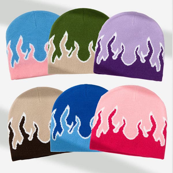 Thick Warm Earmuff Hat Men's Winter Flame Printed Riding Knitted Hat Dark Blue