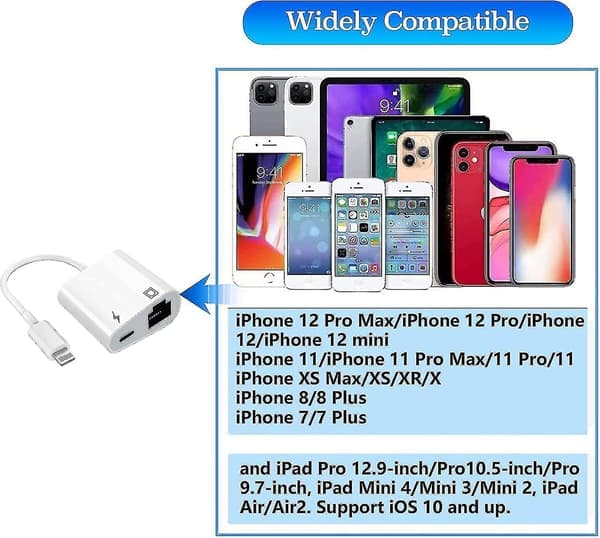 Lightning til Ethernet-adapter, [Kompatibel med Apple Mfi-certificeret] 2 i 1 Rj45 Ethernet Lan-netværk