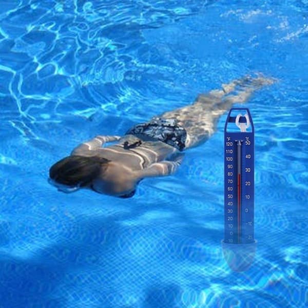 Blå flytande pooltermometer - vattentät, °C/°F, med snöre