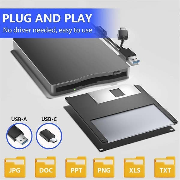 Floppy Disk Drevlæser, 3,5 tommer Ekstern Floppy Disk Drev med USB Type-C, Bærbar FDD Floppy Disk Drev