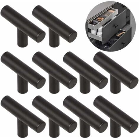10 stk. børstet legering T-greb til nem åbning af skabslåger, enkelthuls møbelgreb, 5 x 1,2 x 3 cm - sort