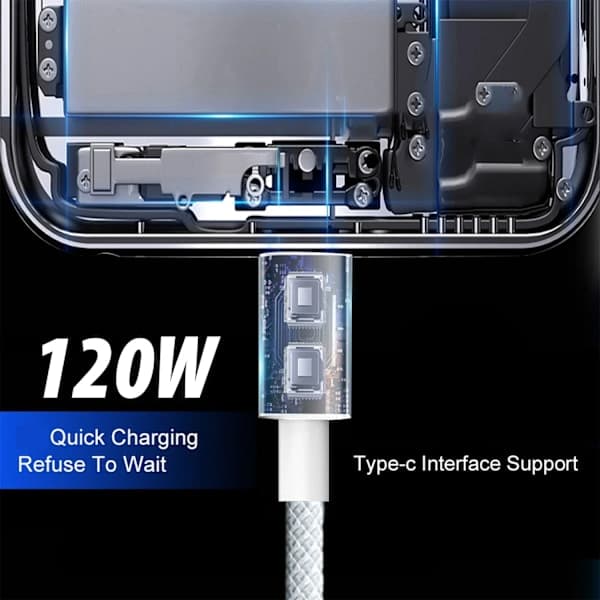 För iPhone 16 15 Pro Max iPad USB Typ C Flätad Dataöverföringskabel 120W Snabbladdningskabel USB-C Sladd VIT 2m