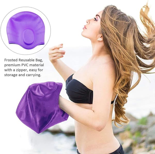 2-pakning badehette, dekker ørene, badehette, silikonbadehette, vanntett, med ørepropper for unisex voksne kvinner menn Pink+purple