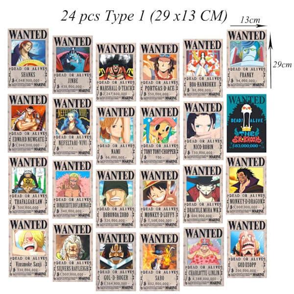 24 st Anime-affischer One Piece Type 1 (29 x13 CM)