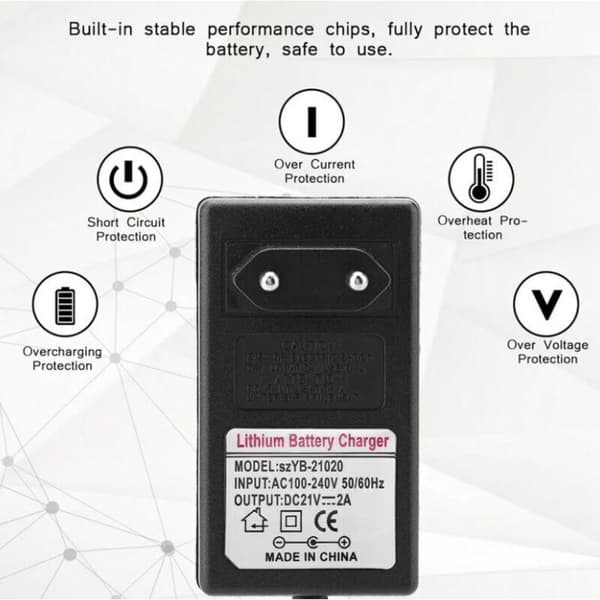 Säker laddningsströmadapter AC 100-240V DC 21V 2A för litiumjonbatterier, EU-kontakt, ersättning