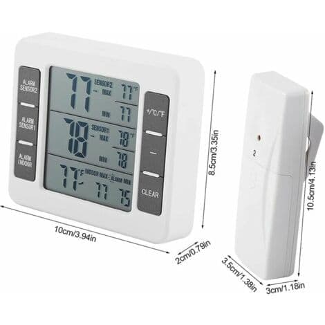 Digitalt termometer til køleskab og fryser med hørbar alarm og trådløs sensor, Min/Max display..ca