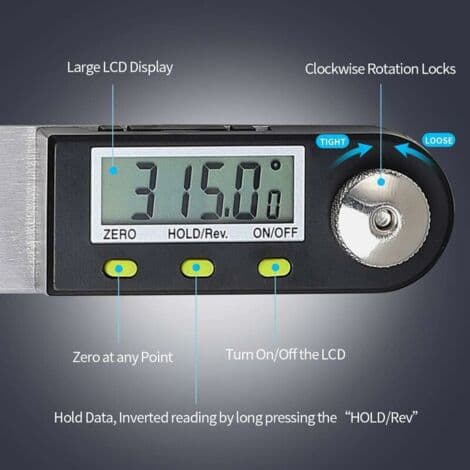 Digital vinkelmåler 0-360° – Inclinometer i rustfrit stål – LCD til præcise målinger – 400 mm længde til træbearbejdning