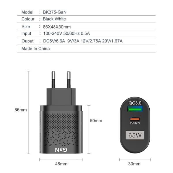 65W GaN hurtigopladeradapter white