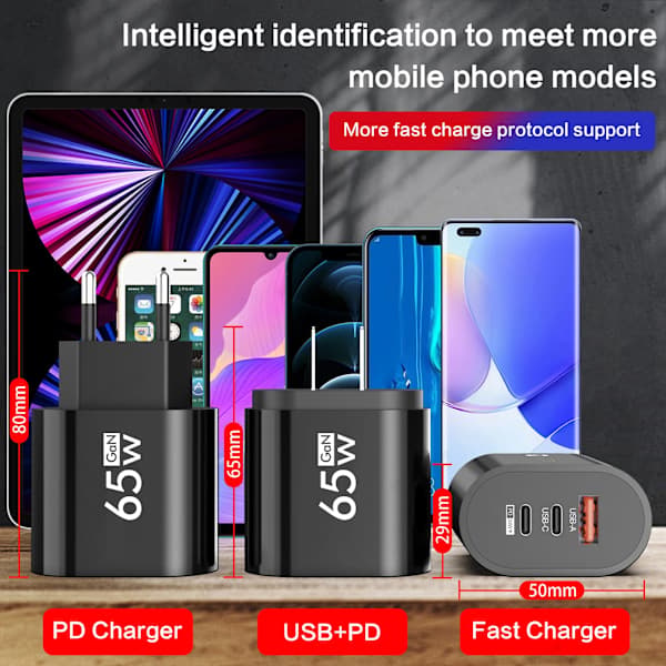 Total 65W GaN C Oplader Quick Charge 3.0 EU US PD -C TypeC Hurtig Oplader Til iPhone Xiaomi Samsung Telefonadapter Black EU Plug